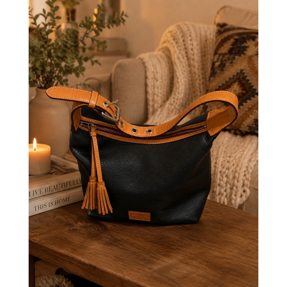 Dooney & Bourke Paige Sac Pebbled Leather Shoulder Bag Midnight Blue/Camel